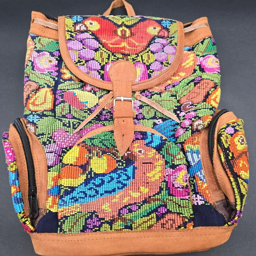 Guatemalan Huipil Hand Woven Bird Tapestry Floral Boho Bag Backpack Leather